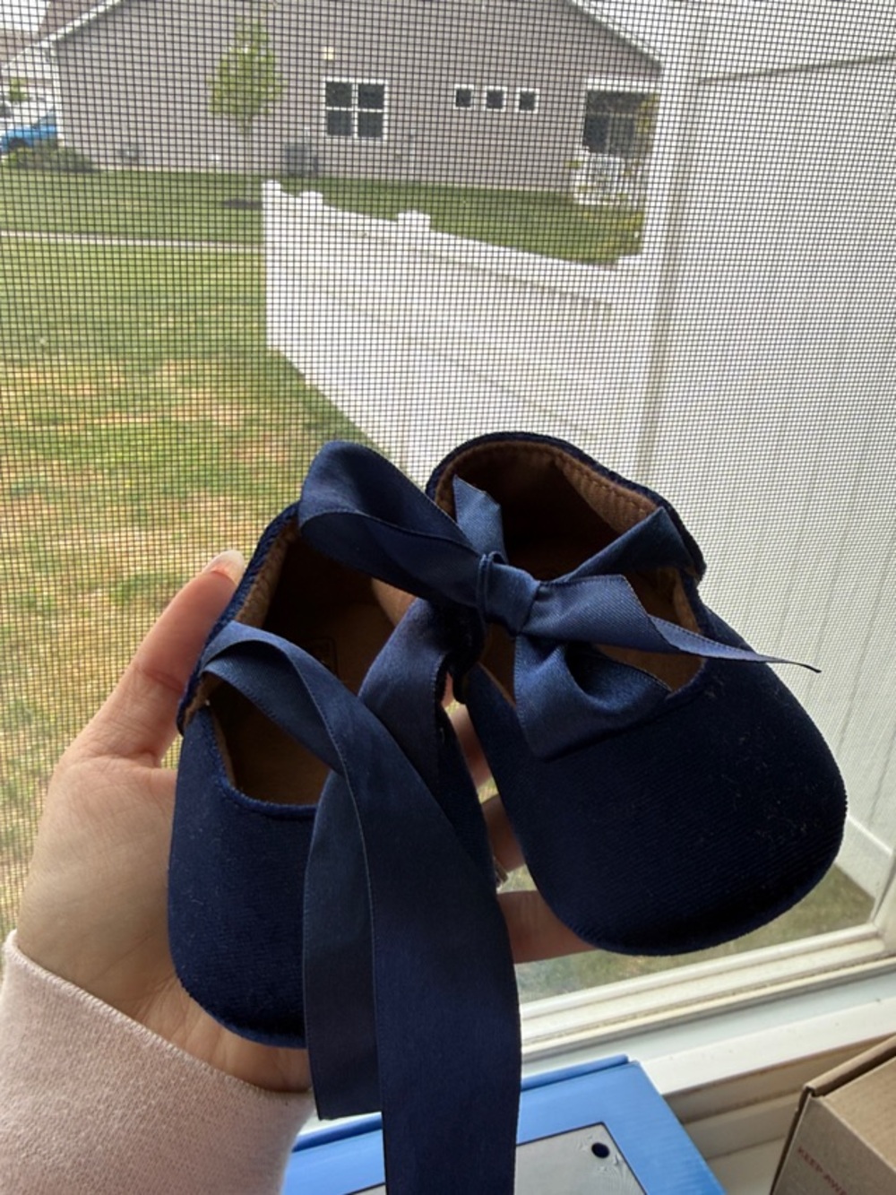 Navy Satin Ribbon Baby Walker Shoes